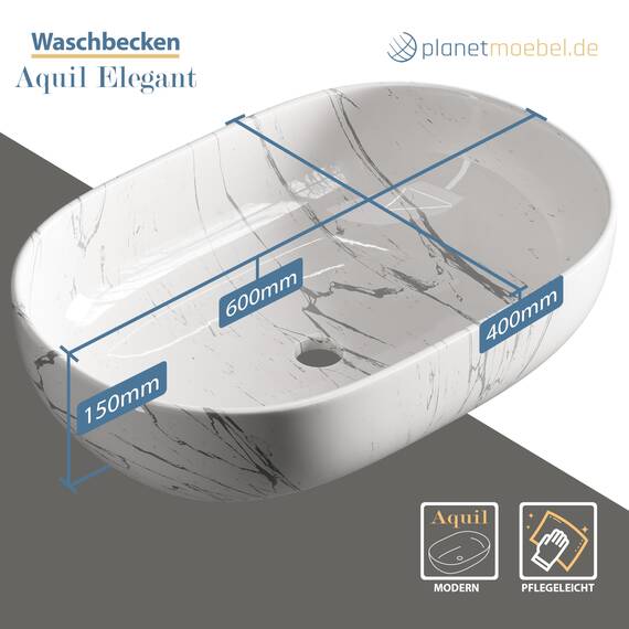 Planetmöbel Aquil Deluxe Waschbecken Quadratisch | Aufsatzwaschbecken für Badezimmer und Gäste-WC | Handwaschbecken ohne Hahnloch und Überlauf | Marmor Weiß, 60 x 40 x 15 cm