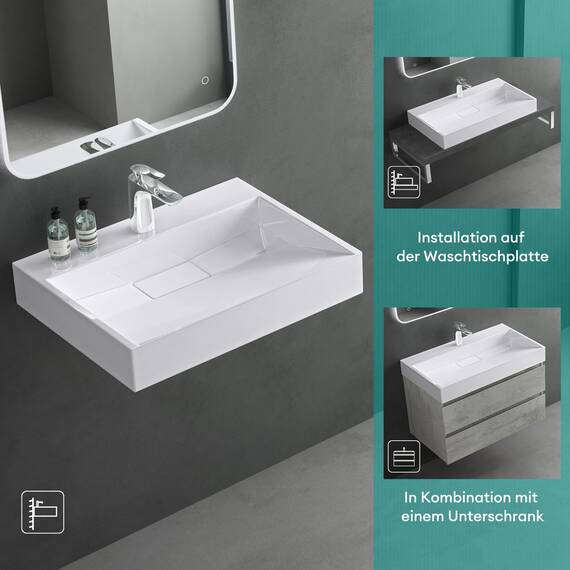 Mai & Mai Waschbecken Weiß Aufsatzwaschbecken Hängewaschtisch inkl. Ablaufgarnitur Mineralguss Rechteckig Waschplatz 1-Armaturenloch Breite: 120cm
