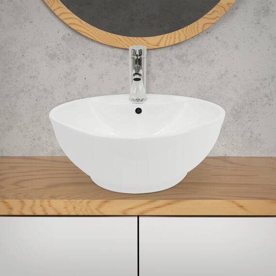 ECD Germany Design Waschbecken Waschtisch Ø 455 x 185 mm aus Keramik Rund Weiß - Aufsatzbecken Aufsatzwaschbecken Handwaschbecken Aufsatzwaschtisch Spülbecken Wasserfall Waschschale Waschschüssel