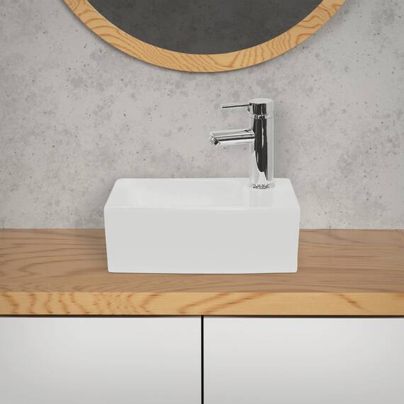 ECD Germany Waschbecken Waschtisch aus Keramik in Weiß 350x205x125 mm Eckig, Hahnloch rechts, Aufsatzbecken Aufsatzwaschbecken Handwaschbecken Aufsatzwaschtisch Waschschale Waschplatz Handwaschbecken