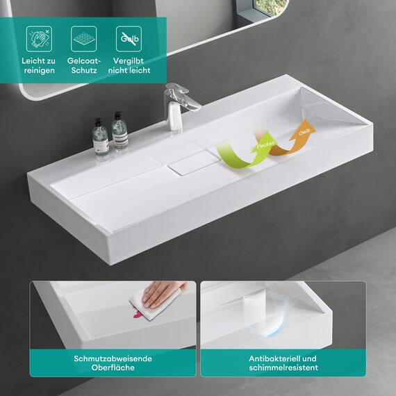 Mai & Mai Waschbecken Weiß Aufsatzwaschbecken Hängewaschtisch inkl. Ablaufgarnitur Mineralguss Rechteckig Waschplatz 1-Armaturenloch Breite: 120cm
