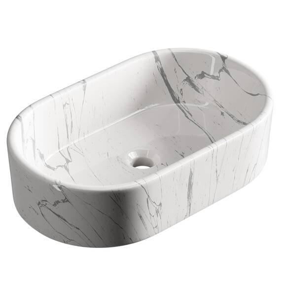 Planetmöbel Aquil Elegant Waschbecken Oval | Aufsatzwaschbecken für Badezimmer und Gäste-WC | Handwaschbecken ohne Hahnloch und Überlauf | Marmor Weiß, 55 x 34 x 14 cm
