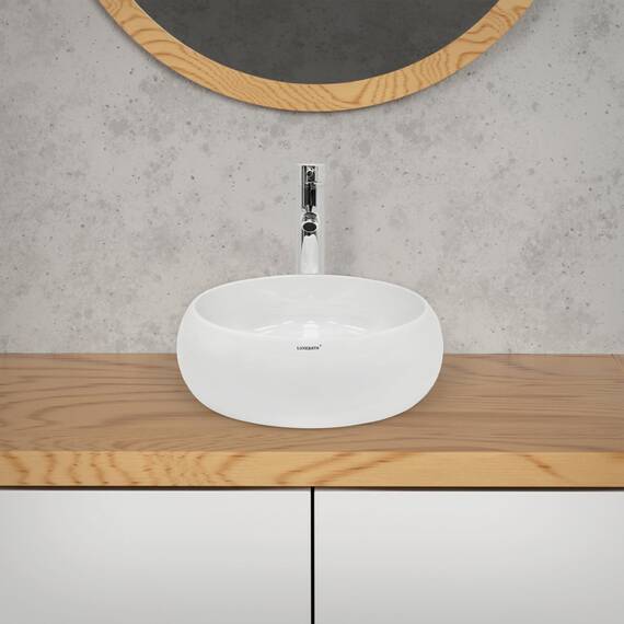ECD Germany Waschbecken Waschtisch Ø 350 x 120 mm aus Keramik Rund Weiß - Aufsatzbecken Aufsatzwaschbecken Handwaschbecken Aufsatzwaschtisch Spülbecken Becken Wasserfall Waschschale Waschschüssel