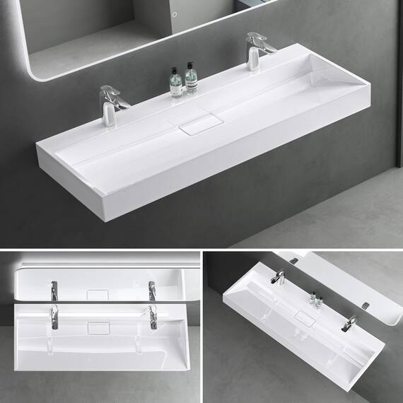 Mai & Mai Waschbecken Weiß Aufsatzwaschbecken Hängewaschtisch inkl. Ablaufgarnitur Mineralguss Rechteckig Waschplatz 2-Armaturenloch Breite: 120cm