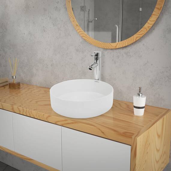 ECD Germany Design Waschbecken Waschtisch Ø 355 x 120 mm inkl. Ablaufgarnitur für Waschbecken ohne Überlauf Keramik Rund Weiß Aufsatzbecken Aufsatzwaschbecken Waschschale Aufsatzwaschtisch Spülbecken