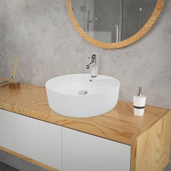 ECD Germany Waschbecken Waschtisch Ø 460 x 155 mm aus Keramik Weiß inkl. Ablaufgarnitur für Waschbecken mit Überlauf Aufsatzbecken Aufsatzwaschbecken Aufsatzwaschtisch Waschschale Spülbecken Becken