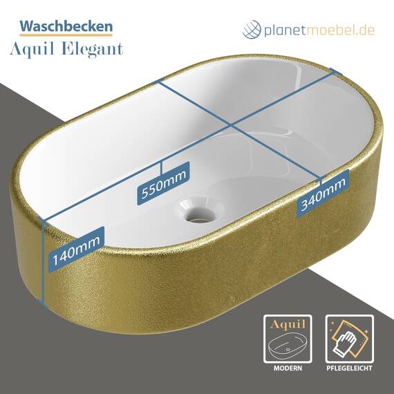 Planetmöbel Aquil Elegant Waschbecken Oval | Aufsatzwaschbecken für Badezimmer und Gäste-WC | Handwaschbecken ohne Hahnloch und Überlauf | Gold Weiß, 55 x 34 x 14 cm