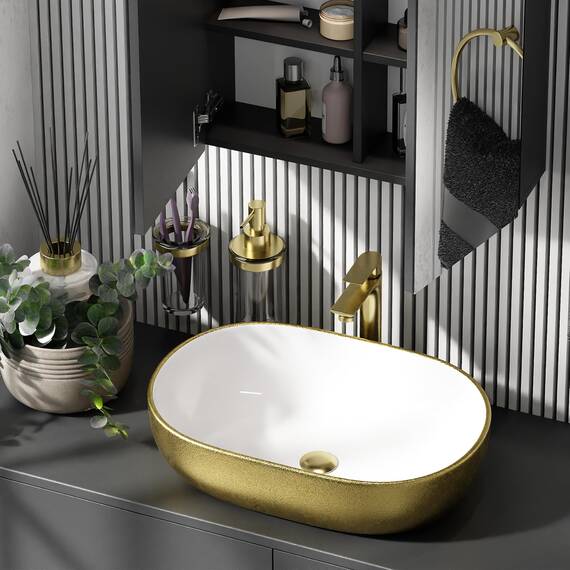 Planetmöbel Aquil Deluxe Waschbecken Oval | Aufsatzwaschbecken für Badezimmer und Gäste-WC | Handwaschbecken ohne Hahnloch und Überlauf | Gold Weiß, 60 x 40 x 15 cm