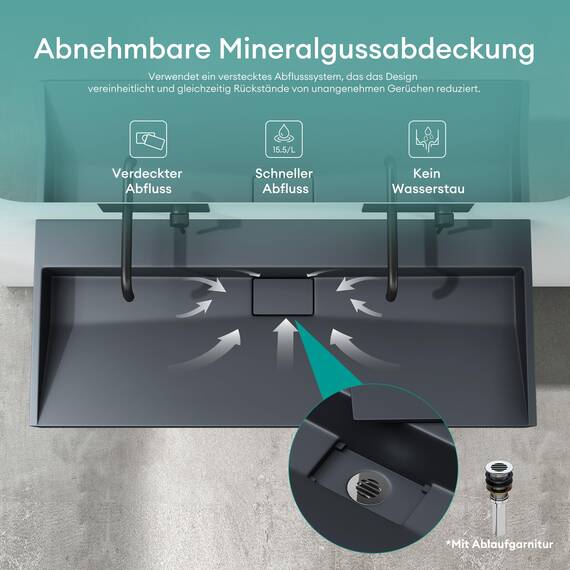 Mai & Mai Waschbecken Matt Anthrazit Aufsatzwaschbecken Hängewaschtisch inkl. Ablaufgarnitur Mineralguss Rechteckig Waschplatz ohne Armaturenloch Breite: 120cm