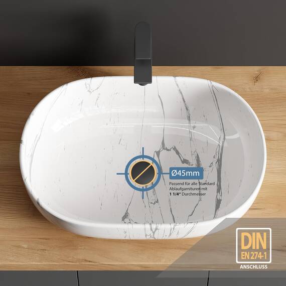 Planetmöbel Aquil Deluxe Waschbecken Quadratisch | Aufsatzwaschbecken für Badezimmer und Gäste-WC | Handwaschbecken ohne Hahnloch und Überlauf | Marmor Weiß, 60 x 40 x 15 cm