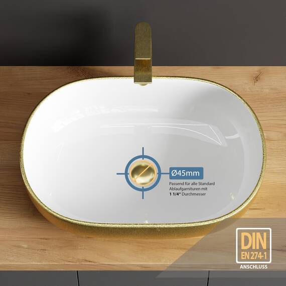 Planetmöbel Aquil Deluxe Waschbecken Oval | Aufsatzwaschbecken für Badezimmer und Gäste-WC | Handwaschbecken ohne Hahnloch und Überlauf | Gold Weiß, 60 x 40 x 15 cm