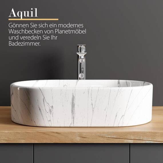 Planetmöbel Aquil Elegant Waschbecken Oval | Aufsatzwaschbecken für Badezimmer und Gäste-WC | Handwaschbecken ohne Hahnloch und Überlauf | Marmor Weiß, 55 x 34 x 14 cm