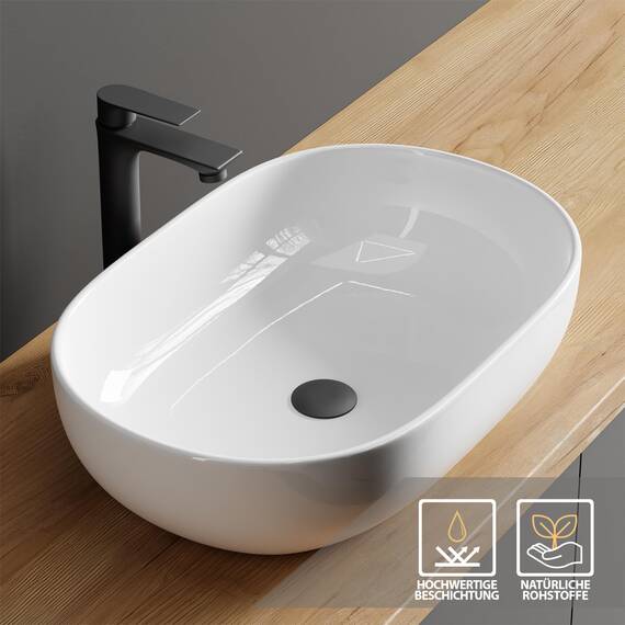 Planetmöbel Aquil Deluxe Waschbecken Oval | Aufsatzwaschbecken für Badezimmer und Gäste-WC | Handwaschbecken ohne Hahnloch und Überlauf | weiß, 60 x 40 x15 cm