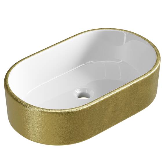 Planetmöbel Aquil Elegant Waschbecken Oval | Aufsatzwaschbecken für Badezimmer und Gäste-WC | Handwaschbecken ohne Hahnloch und Überlauf | Gold Weiß, 55 x 34 x 14 cm