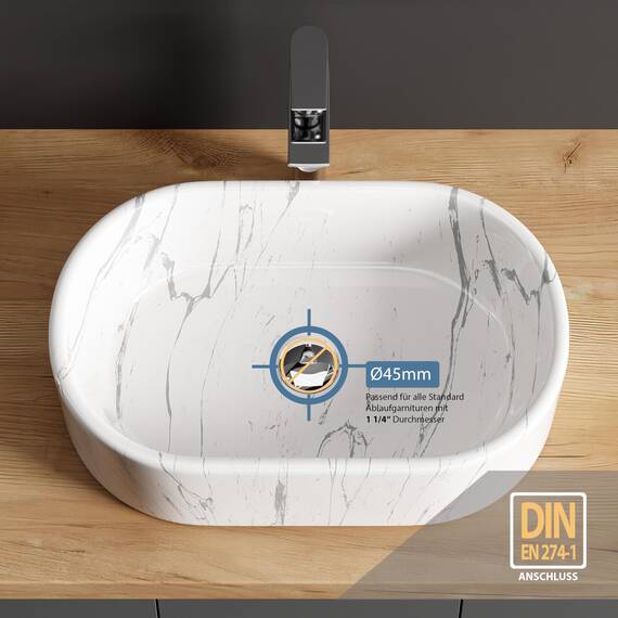 Planetmöbel Aquil Elegant Waschbecken Oval | Aufsatzwaschbecken für Badezimmer und Gäste-WC | Handwaschbecken ohne Hahnloch und Überlauf | Marmor Weiß, 55 x 34 x 14 cm