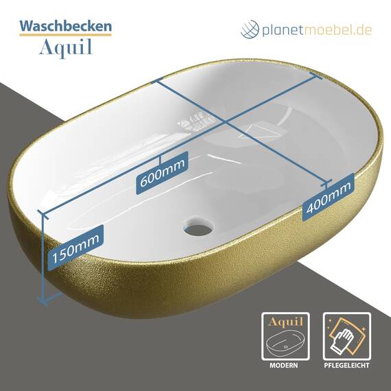 Planetmöbel Aquil Deluxe Waschbecken Oval | Aufsatzwaschbecken für Badezimmer und Gäste-WC | Handwaschbecken ohne Hahnloch und Überlauf | Gold Weiß, 60 x 40 x 15 cm