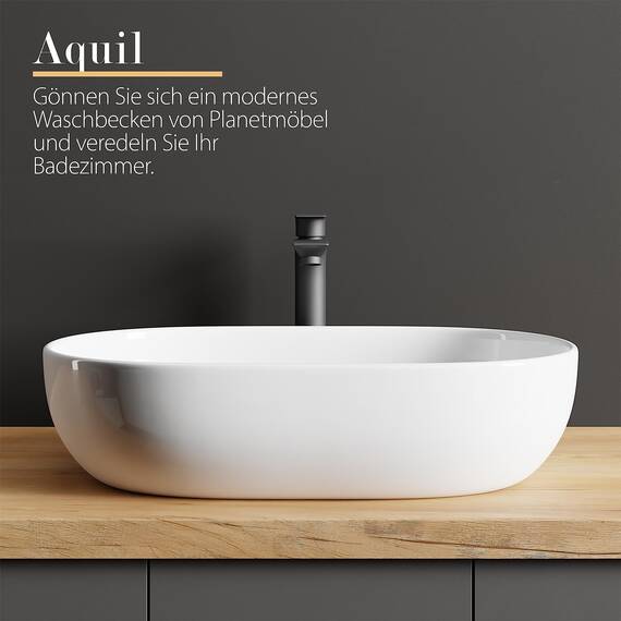 Planetmöbel Aquil Deluxe Waschbecken Oval | Aufsatzwaschbecken für Badezimmer und Gäste-WC | Handwaschbecken ohne Hahnloch und Überlauf | weiß, 60 x 40 x15 cm