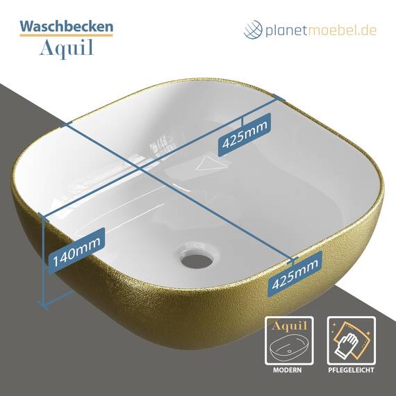 Planetmöbel Aquil Deluxe Waschbecken Oval | Aufsatzwaschbecken für Badezimmer und Gäste-WC | Handwaschbecken ohne Hahnloch und Überlauf | Gold Weiß, 42,5 x 42,5 x 14 cm