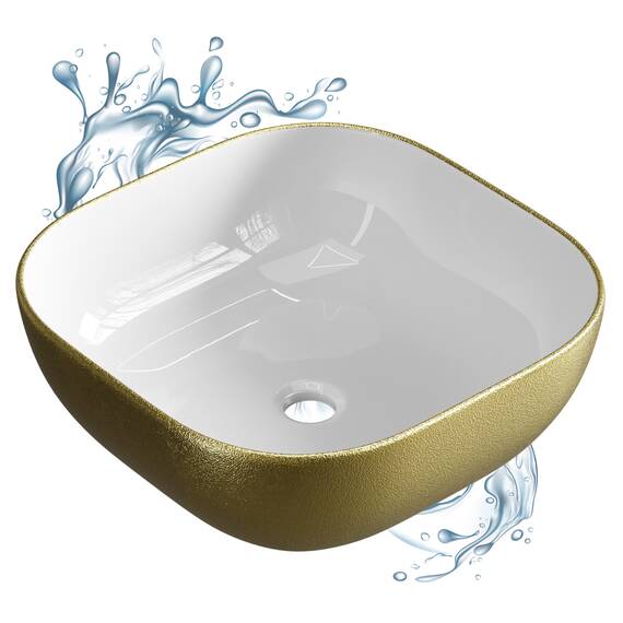 Planetmöbel Aquil Deluxe Waschbecken Oval | Aufsatzwaschbecken für Badezimmer und Gäste-WC | Handwaschbecken ohne Hahnloch und Überlauf | Gold Weiß, 42,5 x 42,5 x 14 cm