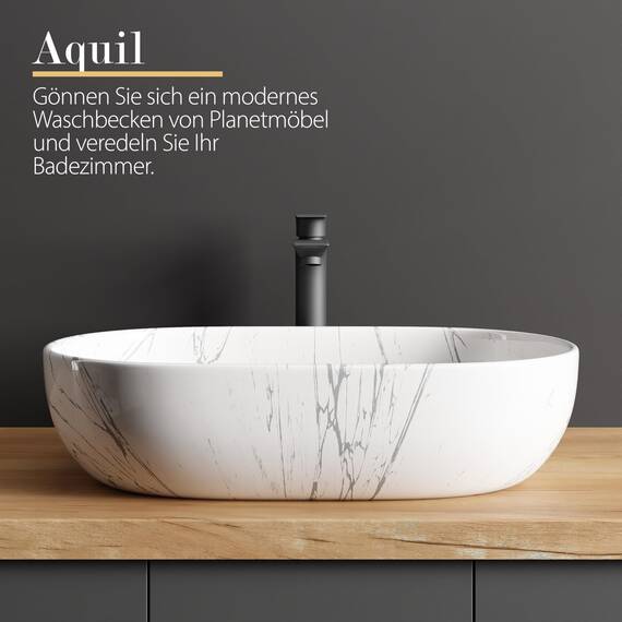 Planetmöbel Aquil Deluxe Waschbecken Quadratisch | Aufsatzwaschbecken für Badezimmer und Gäste-WC | Handwaschbecken ohne Hahnloch und Überlauf | Marmor Weiß, 60 x 40 x 15 cm