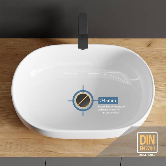 Planetmöbel Aquil Deluxe Waschbecken Oval | Aufsatzwaschbecken für Badezimmer und Gäste-WC | Handwaschbecken ohne Hahnloch und Überlauf | weiß, 60 x 40 x15 cm