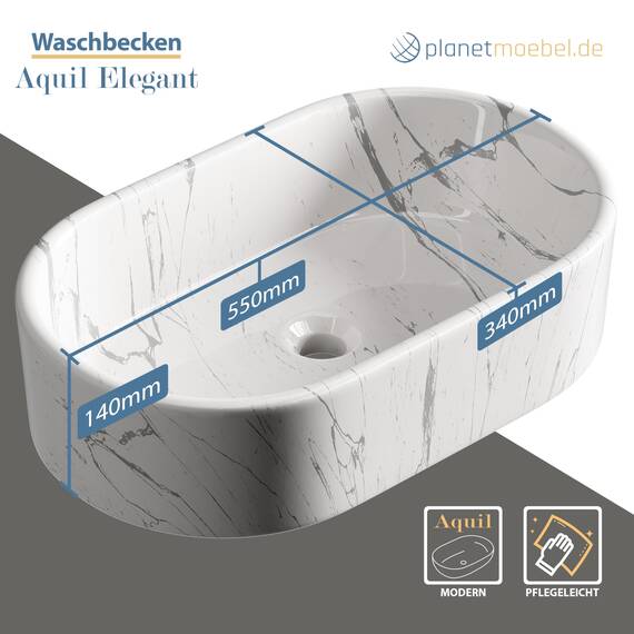 Planetmöbel Aquil Elegant Waschbecken Oval | Aufsatzwaschbecken für Badezimmer und Gäste-WC | Handwaschbecken ohne Hahnloch und Überlauf | Marmor Weiß, 55 x 34 x 14 cm