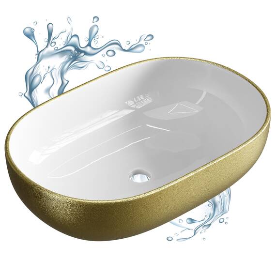 Planetmöbel Aquil Deluxe Waschbecken Oval | Aufsatzwaschbecken für Badezimmer und Gäste-WC | Handwaschbecken ohne Hahnloch und Überlauf | Gold Weiß, 60 x 40 x 15 cm