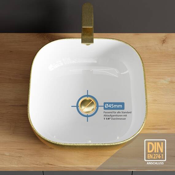 Planetmöbel Aquil Deluxe Waschbecken Oval | Aufsatzwaschbecken für Badezimmer und Gäste-WC | Handwaschbecken ohne Hahnloch und Überlauf | Gold Weiß, 42,5 x 42,5 x 14 cm