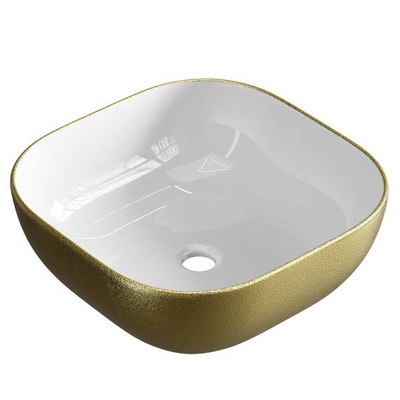 Planetmöbel Aquil Deluxe Waschbecken Oval | Aufsatzwaschbecken für Badezimmer und Gäste-WC | Handwaschbecken ohne Hahnloch und Überlauf | Gold Weiß, 42,5 x 42,5 x 14 cm