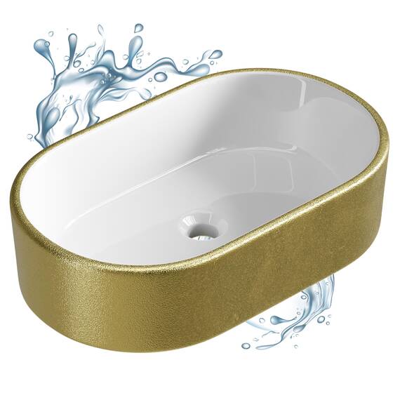 Planetmöbel Aquil Elegant Waschbecken Oval | Aufsatzwaschbecken für Badezimmer und Gäste-WC | Handwaschbecken ohne Hahnloch und Überlauf | Gold Weiß, 55 x 34 x 14 cm