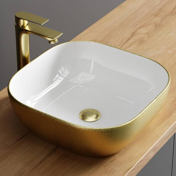 Planetmöbel Aquil Deluxe Waschbecken Oval | Aufsatzwaschbecken für Badezimmer und Gäste-WC | Handwaschbecken ohne Hahnloch und Überlauf | Gold Weiß, 42,5 x 42,5 x 14 cm