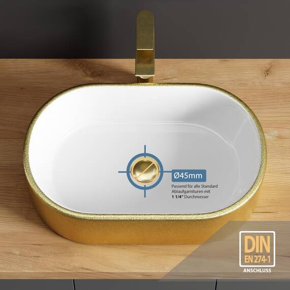 Planetmöbel Aquil Elegant Waschbecken Oval | Aufsatzwaschbecken für Badezimmer und Gäste-WC | Handwaschbecken ohne Hahnloch und Überlauf | Gold Weiß, 55 x 34 x 14 cm
