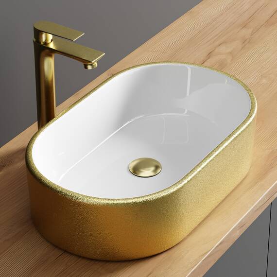 Planetmöbel Aquil Elegant Waschbecken Oval | Aufsatzwaschbecken für Badezimmer und Gäste-WC | Handwaschbecken ohne Hahnloch und Überlauf | Gold Weiß, 55 x 34 x 14 cm