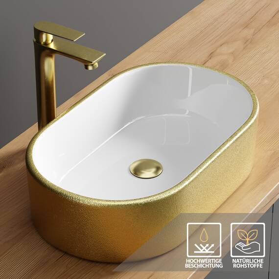 Planetmöbel Aquil Elegant Waschbecken Oval | Aufsatzwaschbecken für Badezimmer und Gäste-WC | Handwaschbecken ohne Hahnloch und Überlauf | Gold Weiß, 55 x 34 x 14 cm