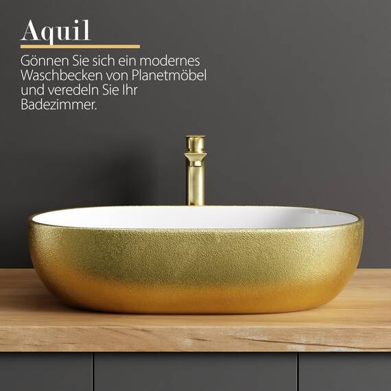 Planetmöbel Aquil Deluxe Waschbecken Oval | Aufsatzwaschbecken für Badezimmer und Gäste-WC | Handwaschbecken ohne Hahnloch und Überlauf | Gold Weiß, 60 x 40 x 15 cm
