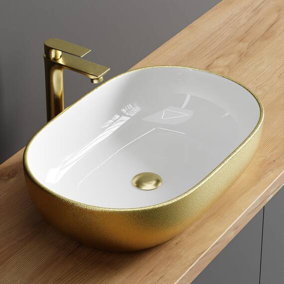 Planetmöbel Aquil Deluxe Waschbecken Oval | Aufsatzwaschbecken für Badezimmer und Gäste-WC | Handwaschbecken ohne Hahnloch und Überlauf | Gold Weiß, 60 x 40 x 15 cm