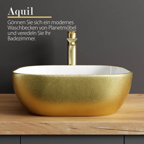 Planetmöbel Aquil Deluxe Waschbecken Oval | Aufsatzwaschbecken für Badezimmer und Gäste-WC | Handwaschbecken ohne Hahnloch und Überlauf | Gold Weiß, 42,5 x 42,5 x 14 cm