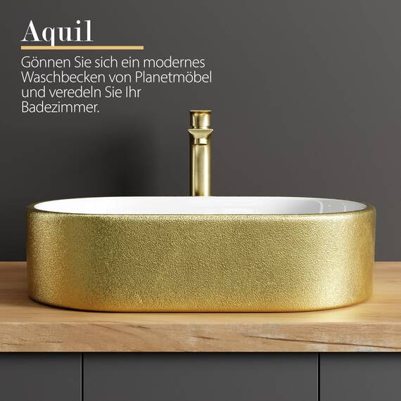 Planetmöbel Aquil Elegant Waschbecken Oval | Aufsatzwaschbecken für Badezimmer und Gäste-WC | Handwaschbecken ohne Hahnloch und Überlauf | Gold Weiß, 55 x 34 x 14 cm