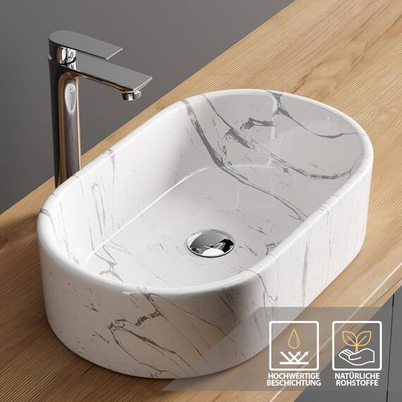 Planetmöbel Aquil Elegant Waschbecken Oval | Aufsatzwaschbecken für Badezimmer und Gäste-WC | Handwaschbecken ohne Hahnloch und Überlauf | Marmor Weiß, 55 x 34 x 14 cm