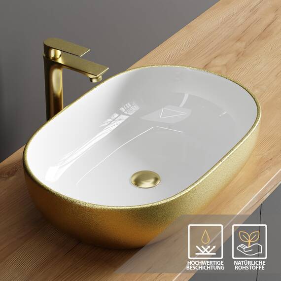 Planetmöbel Aquil Deluxe Waschbecken Oval | Aufsatzwaschbecken für Badezimmer und Gäste-WC | Handwaschbecken ohne Hahnloch und Überlauf | Gold Weiß, 60 x 40 x 15 cm