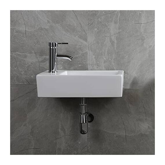 CROSS ZEBRA Verbessertes, rechteckiges, wandmontiertes Waschbecken mit Ablaufgarnitur Hochtemperatur-Kalzinierungs-Keramikgefäß, glänzendes weißes Design, für Badezimmer, Toilette, WC (links)