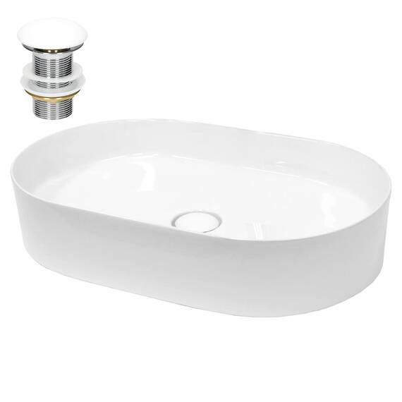 ECD Germany Waschbecken Waschtisch 605x380x125 mm Keramik Oval Weiß inkl. Ablaufgarnitur für Waschbecken ohne Überlauf Aufsatzbecken Aufsatzwaschbecken Aufsatzwaschtisch Waschschale Spülbecken Becken
