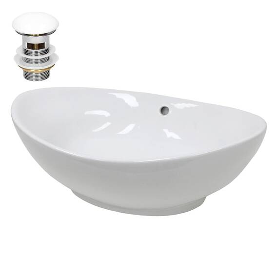ECD Germany Waschbecken Waschtisch 590x390x200 mm Oval Keramik Weiß inkl. Ablaufgarnitur für Waschbecken mit Überlauf Aufsatzbecken Aufsatzwaschbecken Aufsatzwaschtisch Waschschale Spülbecken Becken