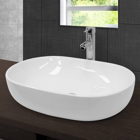 ECD Germany Design Waschbecken Waschtisch 600 x 420 x 145 mm inkl. Ablaufgarnitur für Waschbecken ohne Überlauf - Keramik Weiß Aufsatzbecken Aufsatzwaschbecken Waschschale Aufsatzwaschtisch Spülbecken