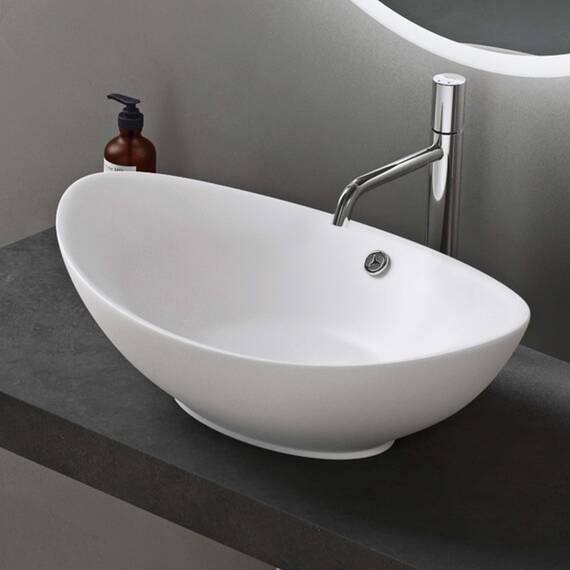 doporro Waschbecken Oval Aufsatzwaschbecken Bad 59x38x19cm Brüssel 818 | Lotuseffekt durch Nanoversiegelung | Aufsatzwaschbecken aus Keramik in Weiß Matt