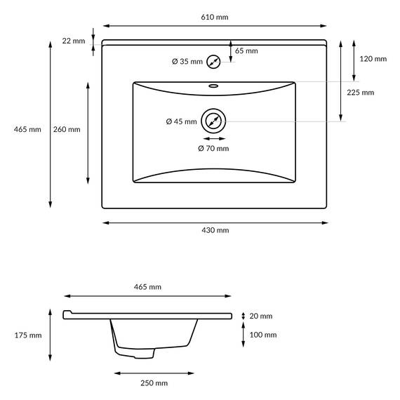 ECD Germany Waschbecken Waschtisch 610 x 465 x 175 mm Keramik Weiß Einbaubecken Einbauwaschbecken Waschschale Handwaschbecken Einbauwaschtisch Aufsatzwaschbecken Spülbecken Wasserfall Waschschüssel