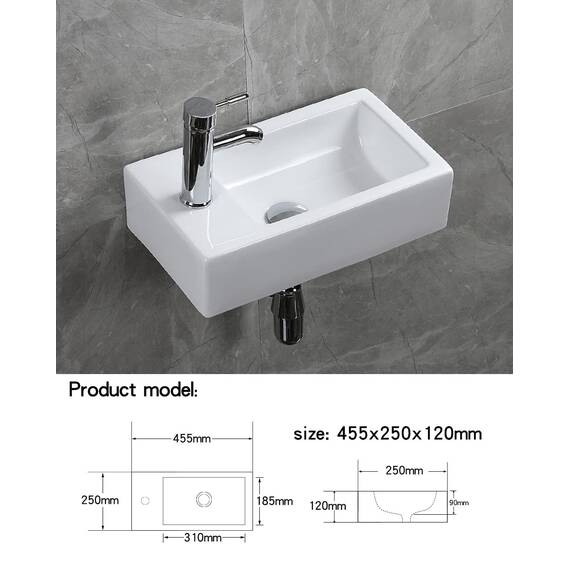 CROSS ZEBRA Verbessertes, rechteckiges, wandmontiertes Waschbecken mit Ablaufgarnitur Hochtemperatur-Kalzinierungs-Keramikgefäß, glänzendes weißes Design, für Badezimmer, Toilette, WC (links)