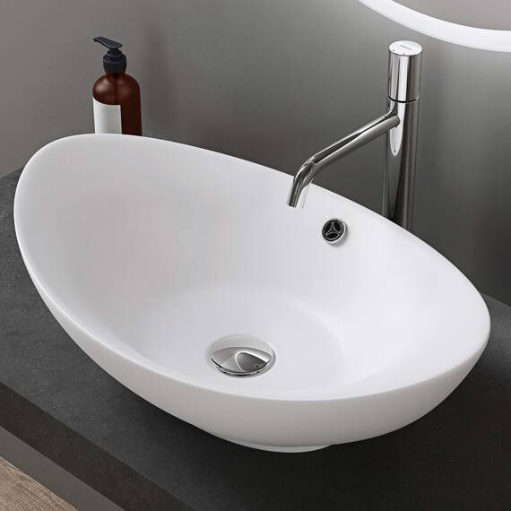 doporro Waschbecken Oval Aufsatzwaschbecken Bad 59x38x19cm Brüssel 818 | Lotuseffekt durch Nanoversiegelung | Aufsatzwaschbecken aus Keramik in Weiß Matt