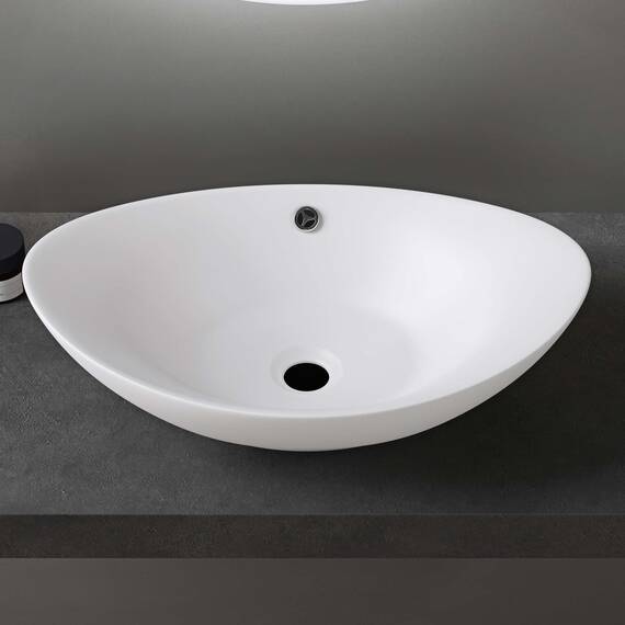 doporro Waschbecken Oval Aufsatzwaschbecken Bad 59x38x19cm Brüssel 818 | Lotuseffekt durch Nanoversiegelung | Aufsatzwaschbecken aus Keramik in Weiß Matt
