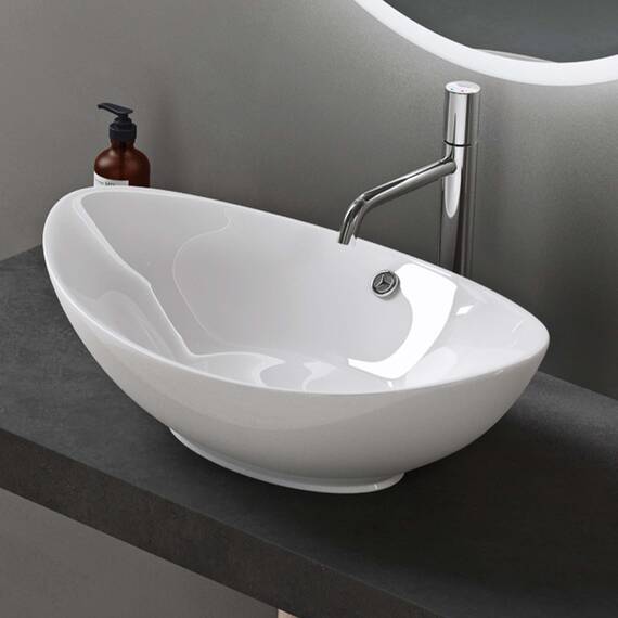 doporro Waschbecken Oval Aufsatzwaschbecken Bad 59x38x19cm Brüssel 818 | Lotuseffekt durch Nanoversiegelung | Aufsatzwaschbecken aus Keramik in Weiß